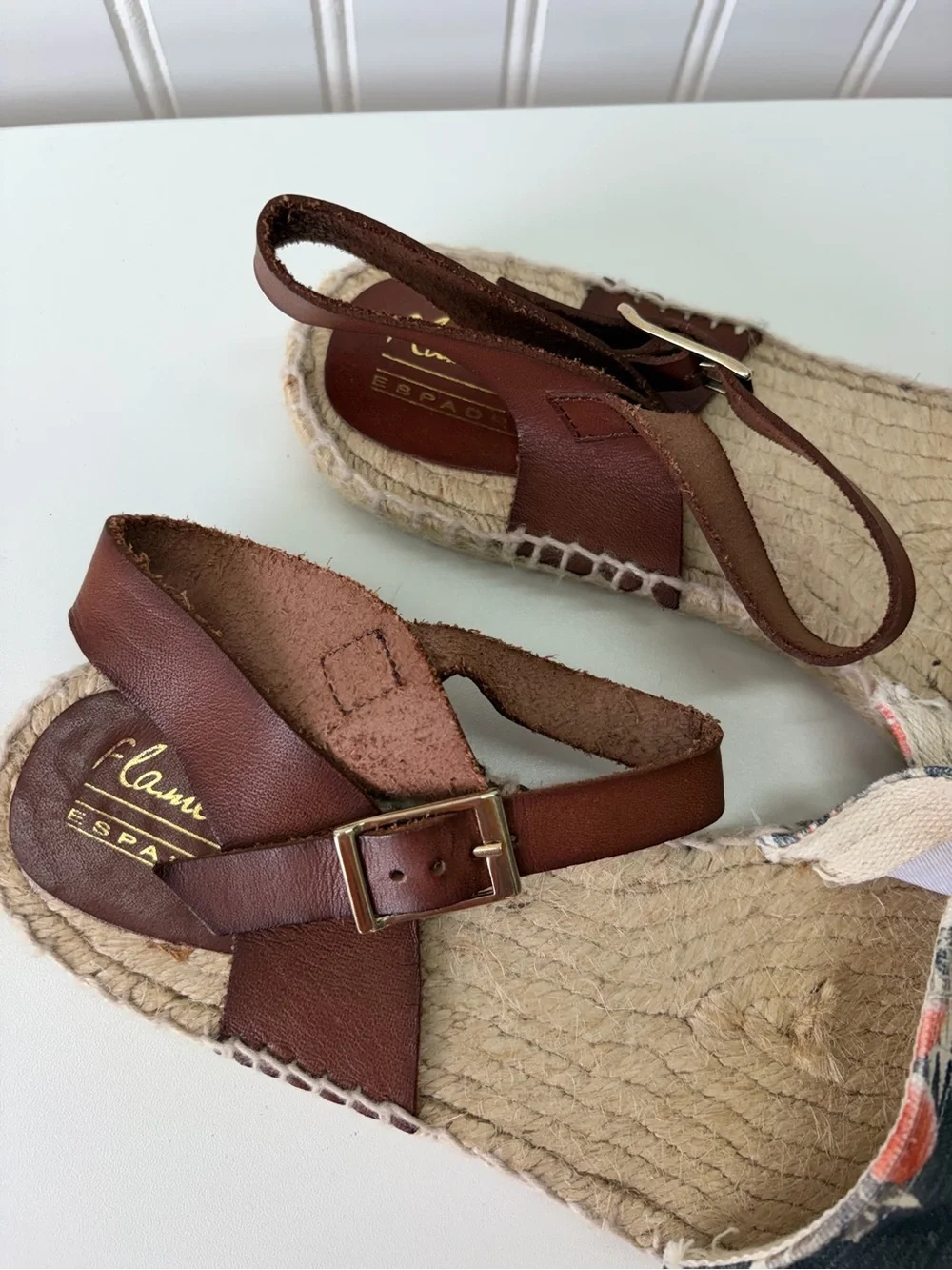 Floral Canvas Espadrille Sandals with Brown Ankle Strap - Navy & Orange